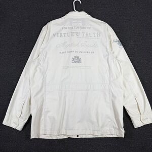 Y2K Express Men's XL White Cotton Military Field Jacket Utility Coat Zip Graphic